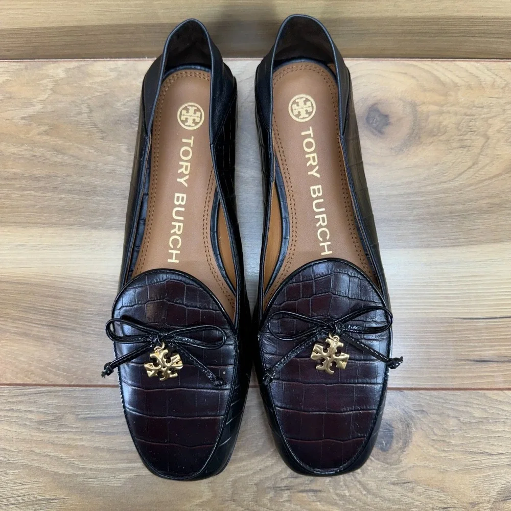 Tory Burch Charm Loafer 6 M Cocoa Croc Black Leather Bow Slip On Convertible